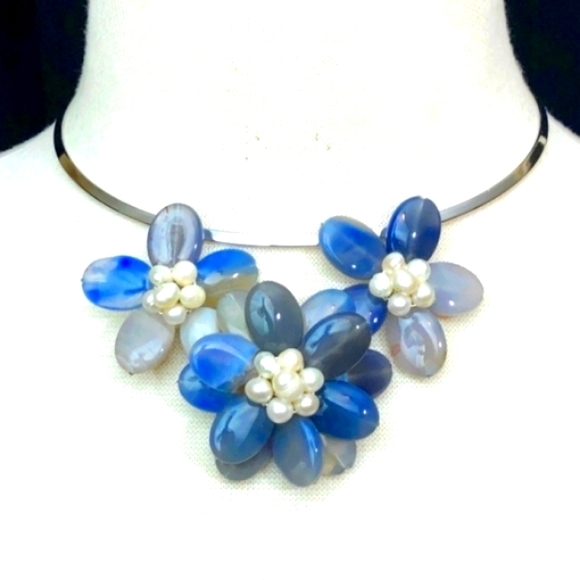 Jewelry - BLUE AGATE AND FRESHWATER PEARL NECKLACE, CHOKER NECKLACE